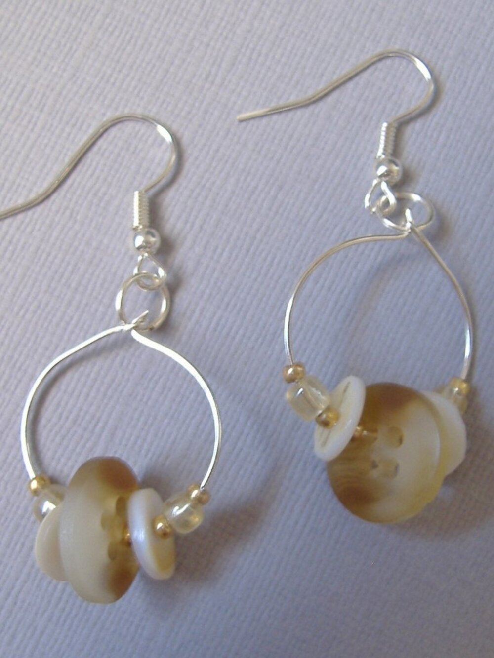 Hoop Button Beaded Earrings Brown Gold Silver Metal Handmade Pierced Dangle New